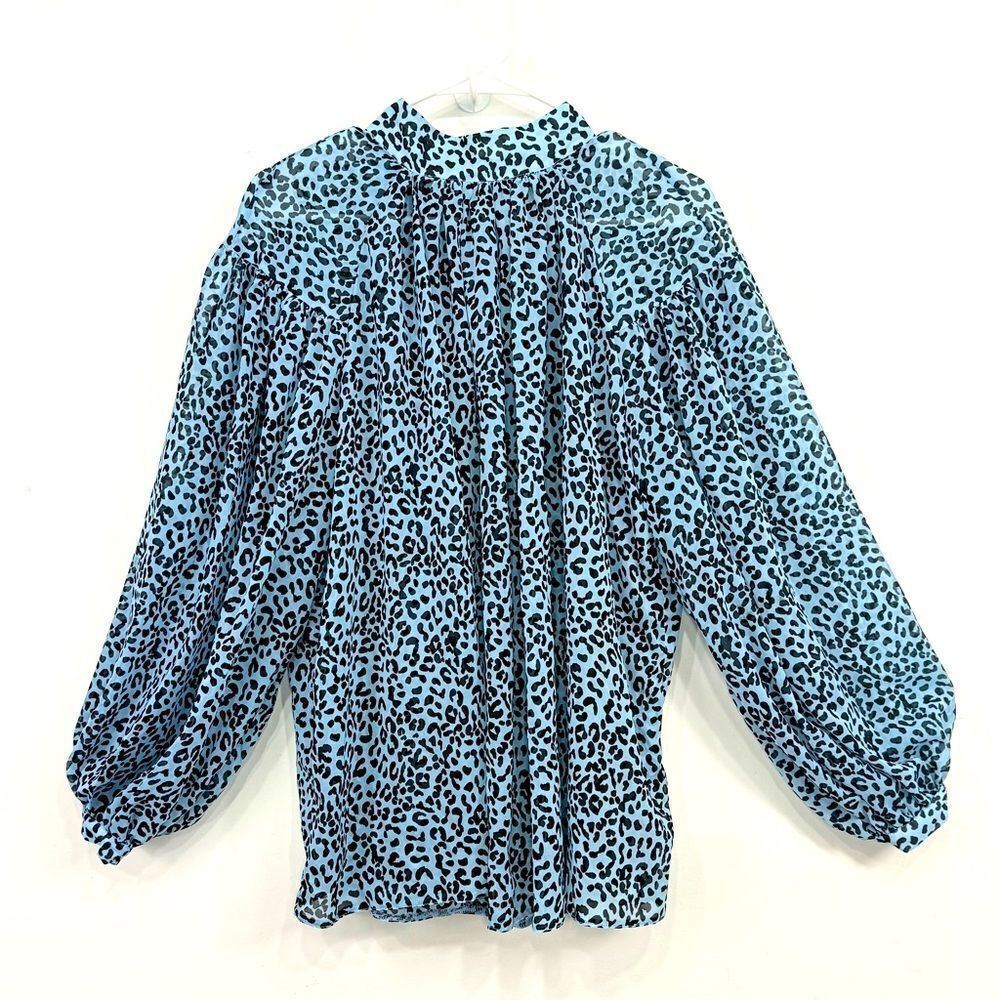 ASOS Blue Black Cheetah Print Semi Sheer Oversized Puff Sleeve Flowy Poet Blouse